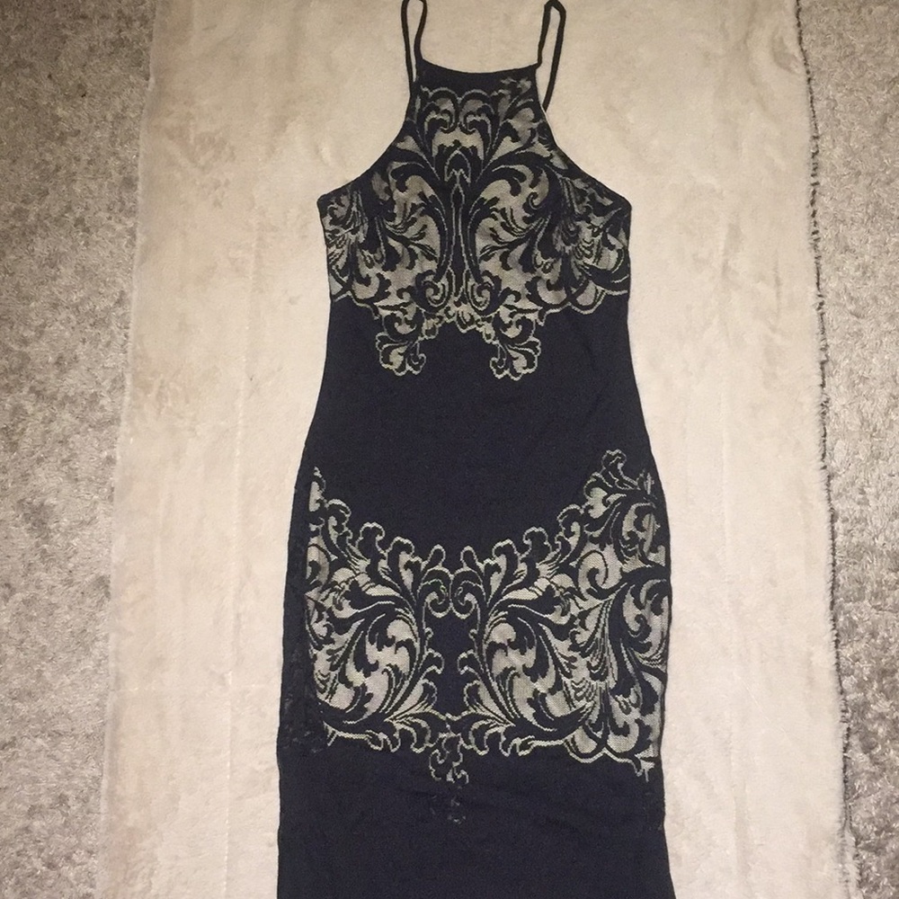 Formal black lace and tan dress